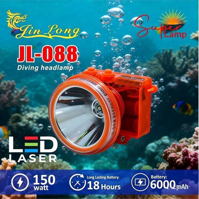 Senter Kepala Selam Jinlong JL 088 Daya 150 Watt Baterai 6000 Mah Durasi 18 Jam dan Kedalaman 30