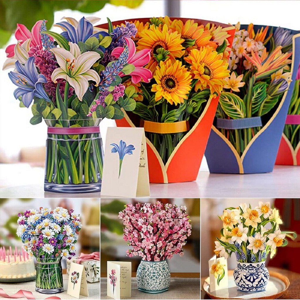 3D Pop UP Flower Greeting Cards Wedding Birthday Invitation Card Creative 3D Bouquet Thank You