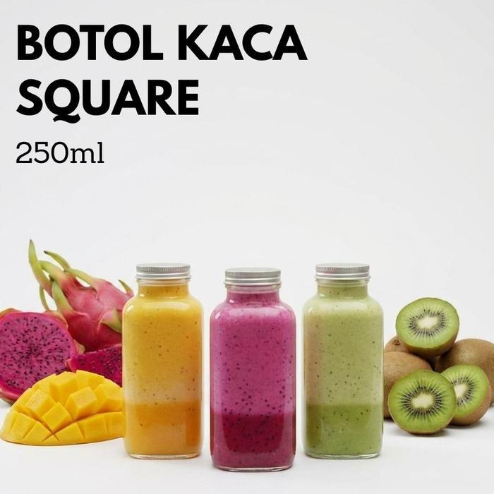 Botol Kaca Kotak 250ml Tutup Aluminium - Botol Minuman Cold Brew Juice Kopi Susu - Jar Kaca