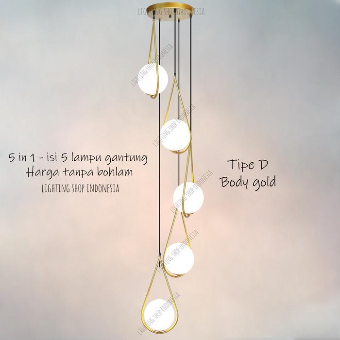Lampu gantung void tangga 5in1 gold hitam kaca modern minimalis 5lampu