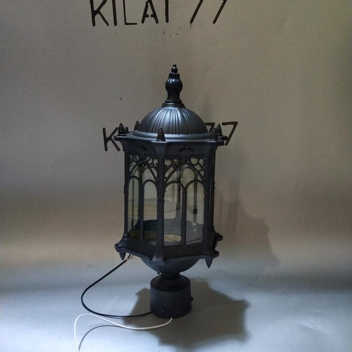 Lampu Taman Antik Model Pipa Besi Cor dan Kaca Warna Hitam Tinggi 38 cm Diameter 15,5 cm
