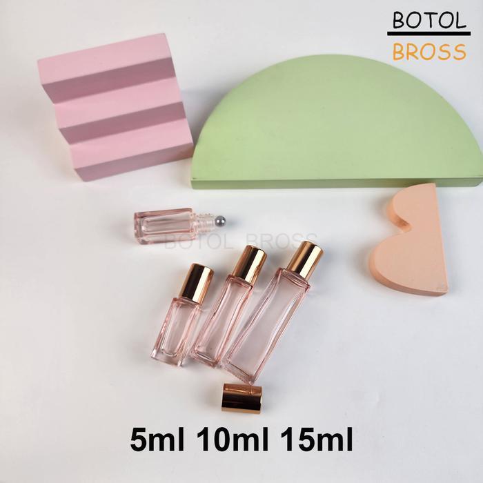Botol Roll On Kaca Kotak Tebal Pink Transparan - Roller Bola Besi Parfum Essential Oil Terjamin