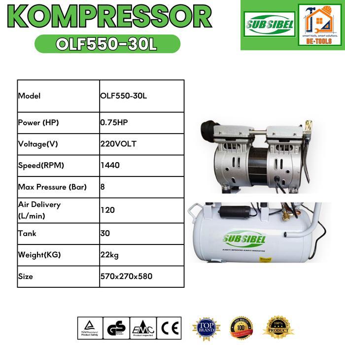 Subsibel Mesin Kompresor Angin Listrik 0.75 Hp Kompresor Listrik 30L Compressor Oilless Silent
