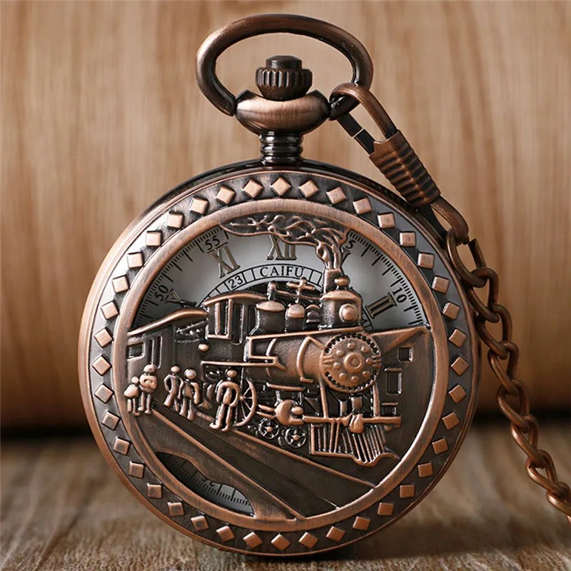 Old Fashion Men Women Mechanical Handwinding Pocket Watch Locomotive Hollow Train Skeleton Clock