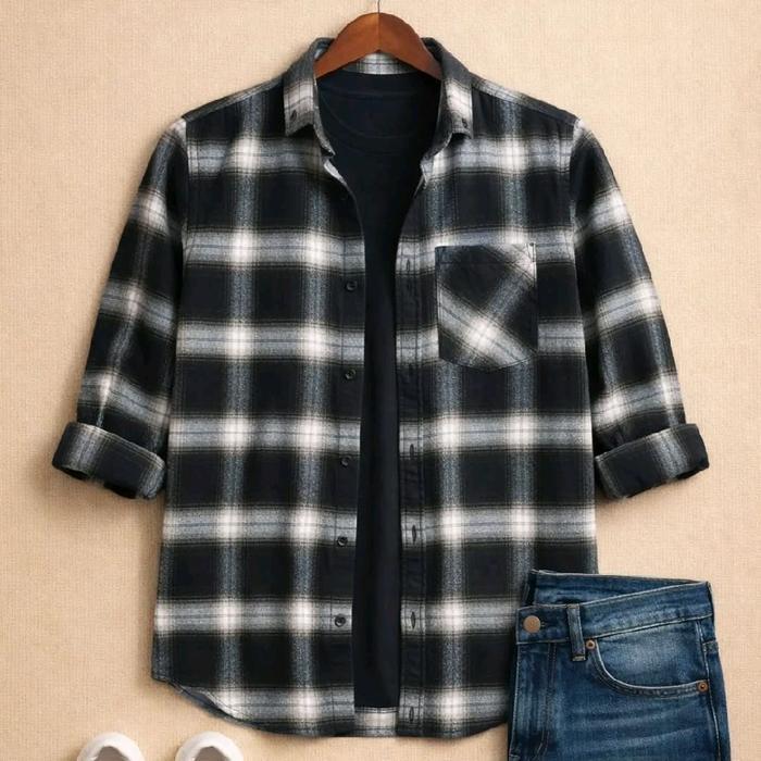 Veterano Dark Brown White 06 Super Premium Series Flanel Kemeja Lengan Panjang Panjang Tebal Semi
