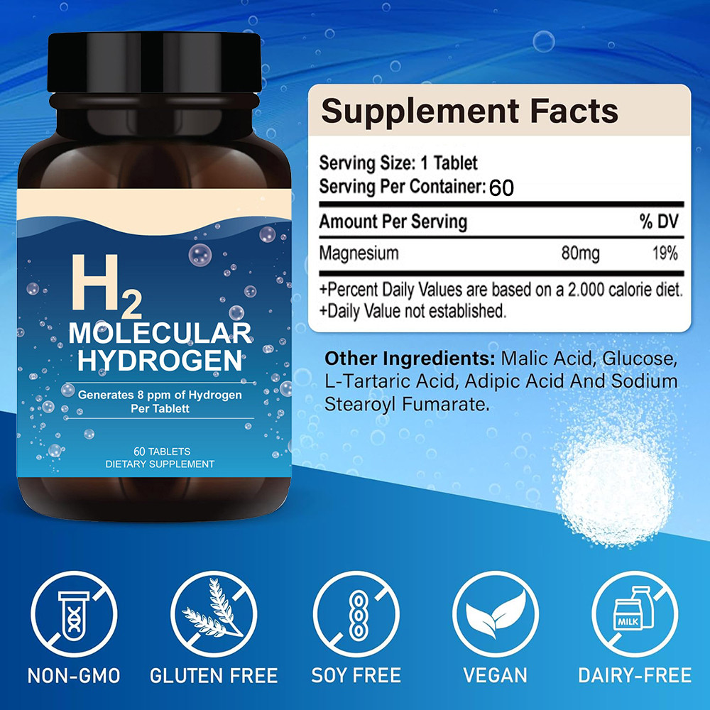 H2 Molecular Hydrogen 60 Tablets - Supports Healthy Aging, Cellular Energy & Brain Health - with