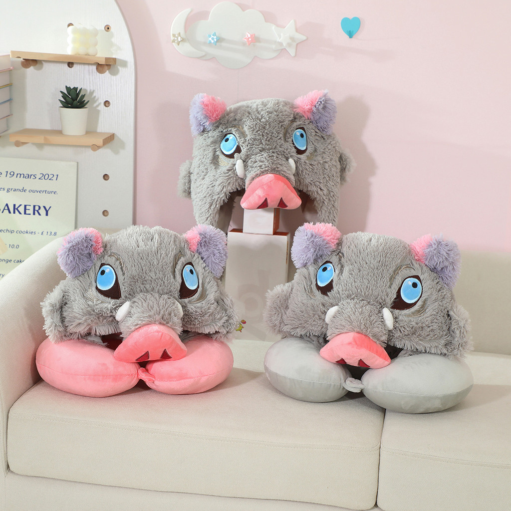 Anime Around Hashibira Inosuke Plush Hat Cloak Wild Boar Head U-shaped Hooded Neck Pillow Cosplay
