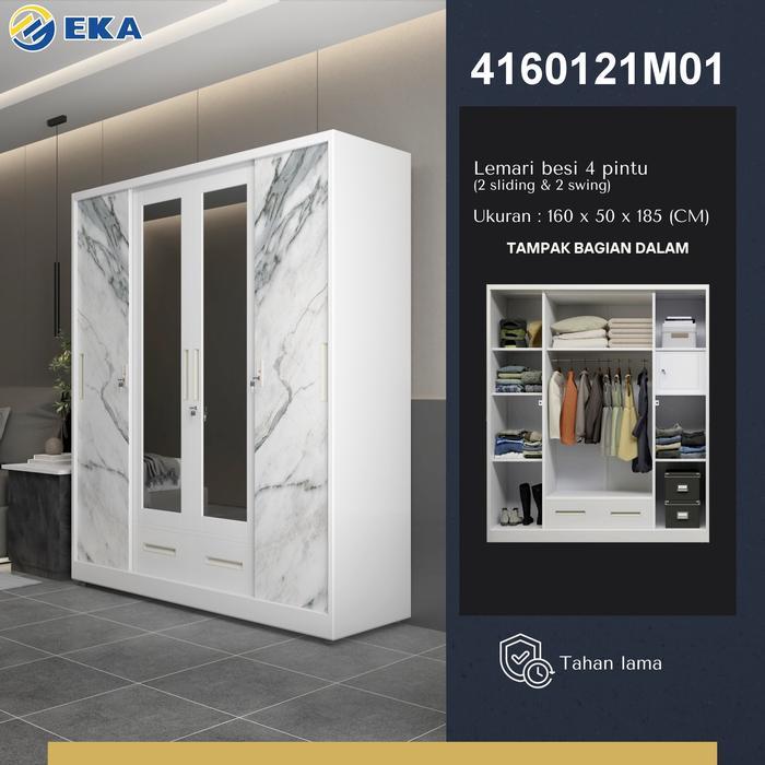 EKA Lemari Pakaian Besi 160cm 4 Pintu Sliding Jumbo+1 Batang Rak Baju+2 Laci Cermin Minimalis - M01