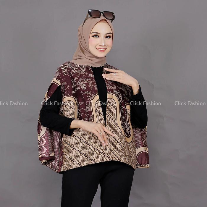Outer batik wanita lengan panjang model belah, bahan katun silk, motif kirana burgundy, all size fit