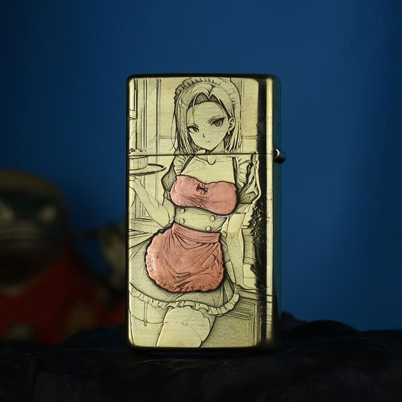 Zorro Slim Narrow Kerosenes Lighter Laser Engraved Brass Inlaid Purple Copper Anime Maid Pattern
