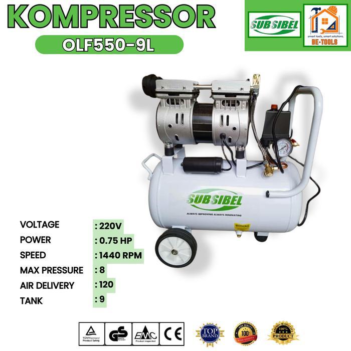 Subsibel Mesin Kompresor Angin Listrik 0.75 Hp Kompresor Listrik 9L Compressor Oilless Silent