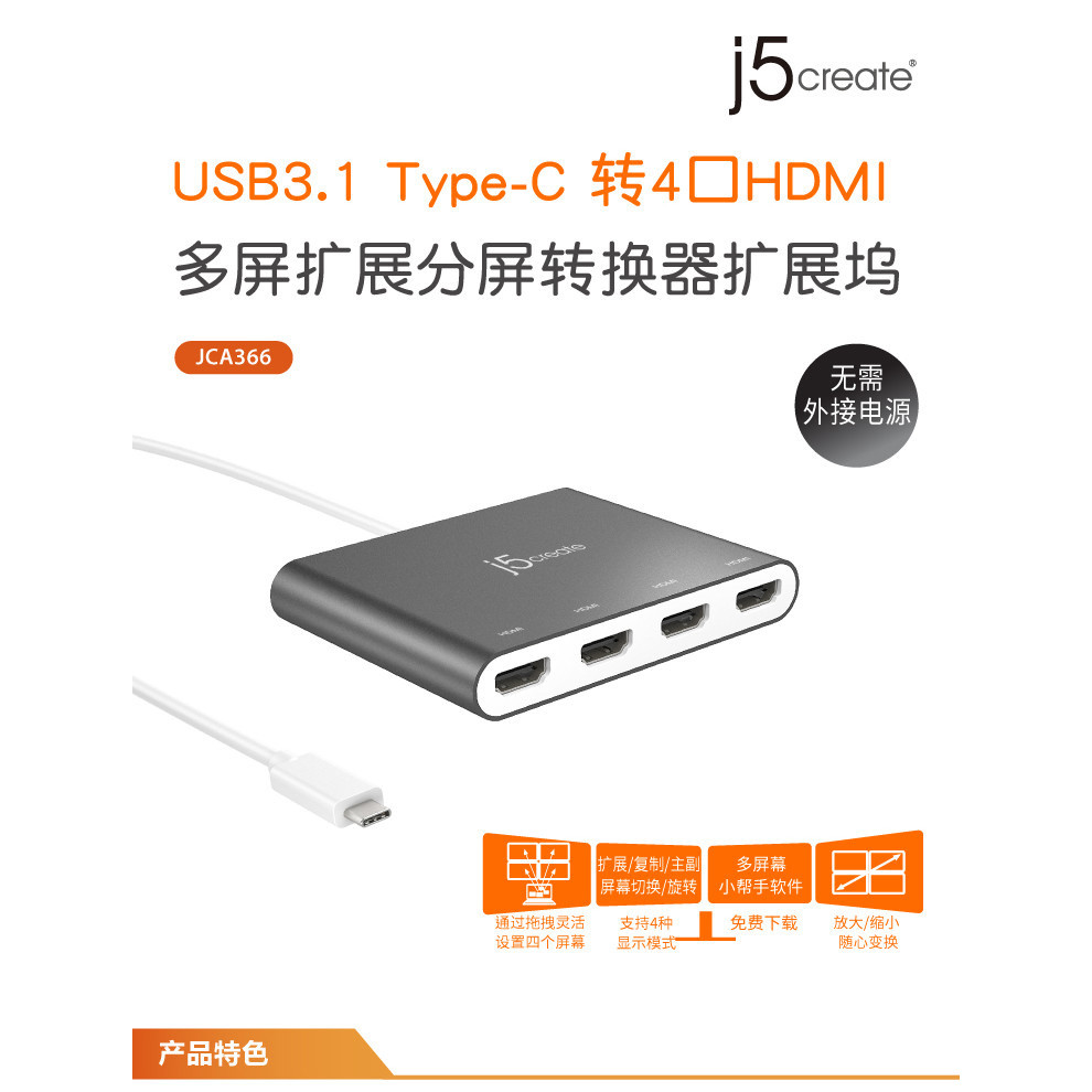 J5CREATE DOCKING STATION JCA366 CONVERTER NOTEBOOK EXTERNAL GRAPHICS CARD 4 HDMI OUTPUT TYPEC