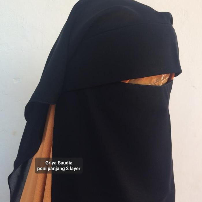 Cadar Niqab Yamani Ori Saudi Khusus 2 3 Layer Oyoun Almaha Bandana Poni Long Hitam Shiffon Arab