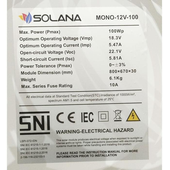 Solar Panel / Surya / Solana / Mono / 100Wp / 100 Wp (Watt Peak)