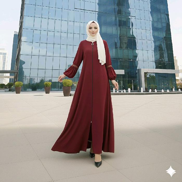Gamis Resleting Lengan Balon Bahan Wolfis Warna Marun Ukuran S