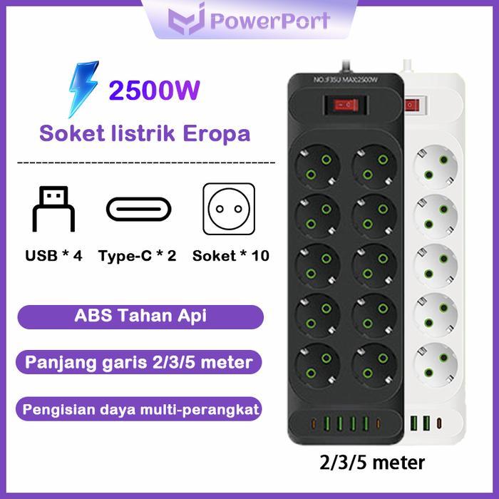 PowerPort 2500W Power Strip Power Socket Stop Kontak colokan usb stop kontak Colokan kabel Serbaguna