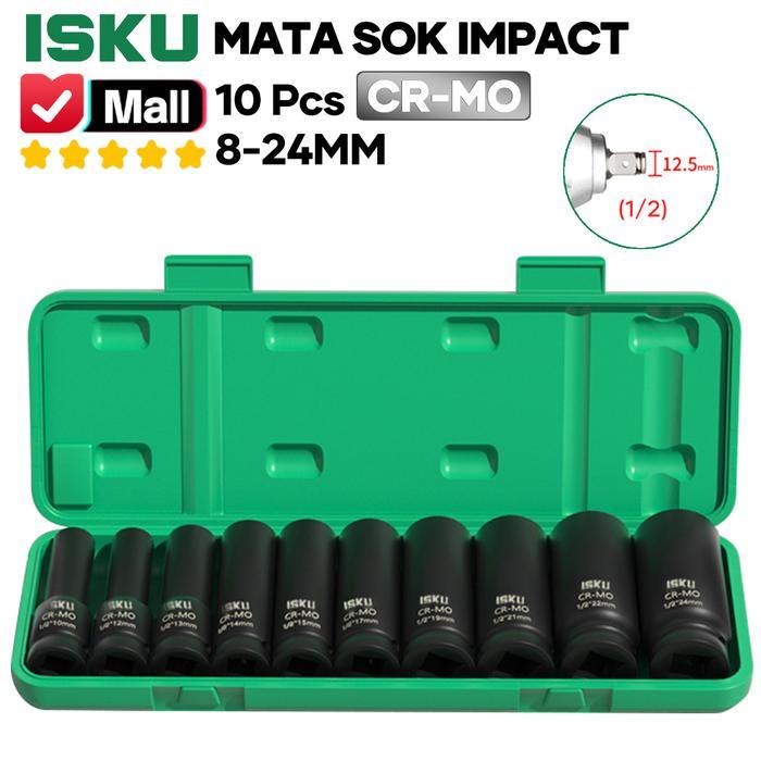 Krisbow Tools - Mata Sok Impact 1/2 Inch 6Pt 10 Pcs Set Kunci Shock Hitam Baja Cr-Mo Chrome