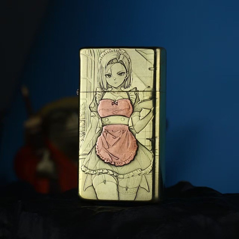 ZORRO Slim Narrow Kerosenes Lighter Laser Engraved Brass Inlaid Purple Copper Anime Maid Pattern