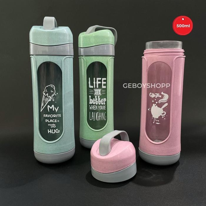 ((PROMO)) DNG Botol Minum Kaca Happiness 500ml / Tempat Minum Unik / Botol Air Kaca Happiness 500ml