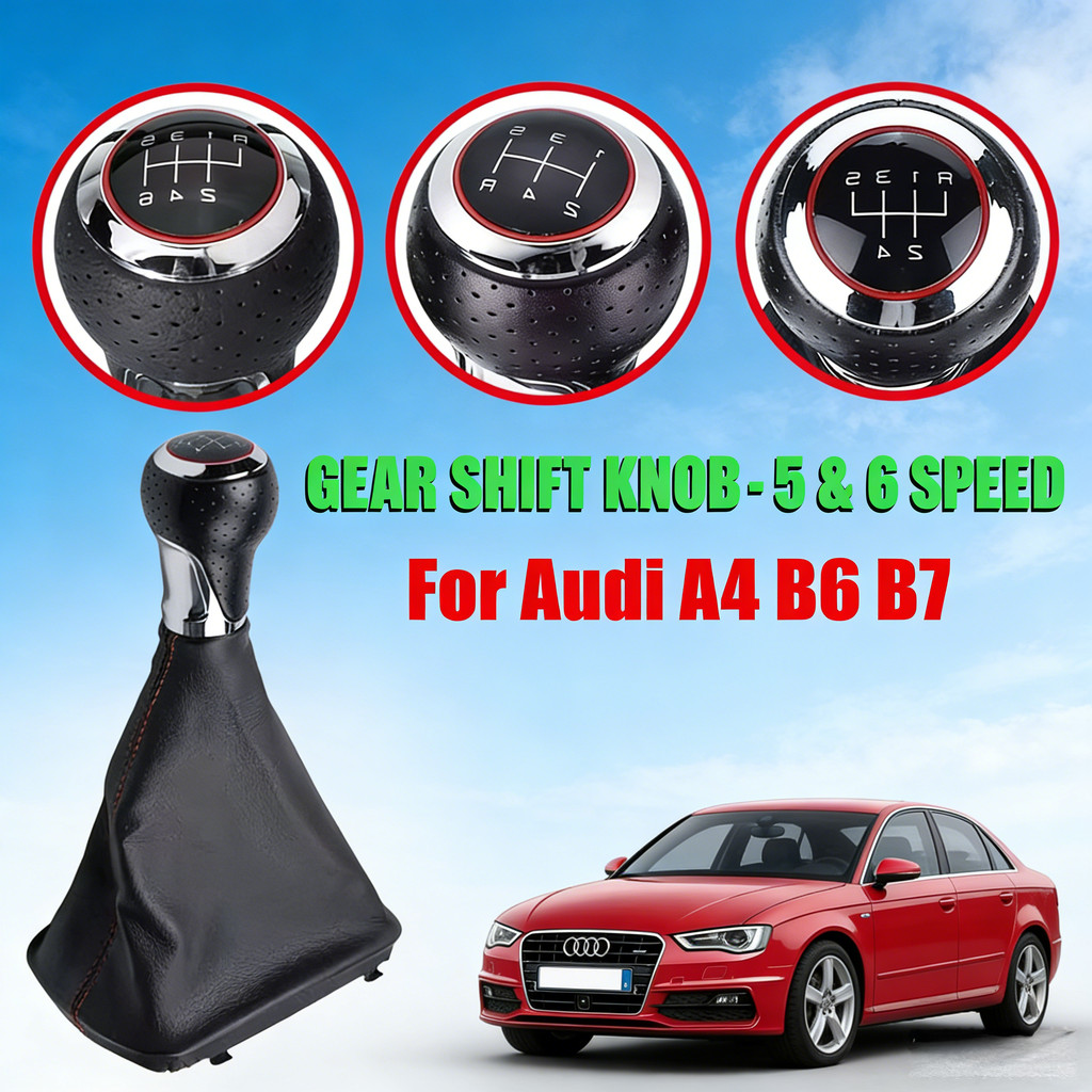 LEATHER SHIFTER CAR INNER GEAR SHIFT SHIFTER KNOB WITH BOOT COVER 5 SPEED 6 HANDLE FOR AUDI A4 B6 8E