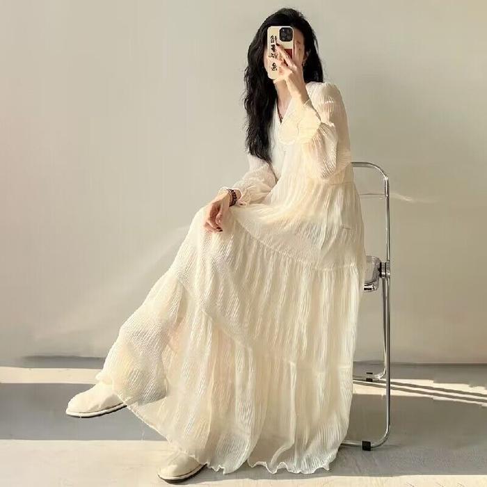 New Gaun Wanita Cream Sifon Lengan Panjang Warna Putih Casual Long Dress Home Dress Busui M505