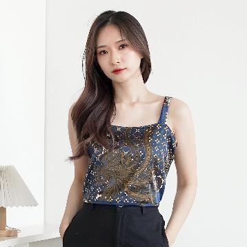 Korset Crop Batik Wanita Bahan Satin Tali Adjustable - Navy