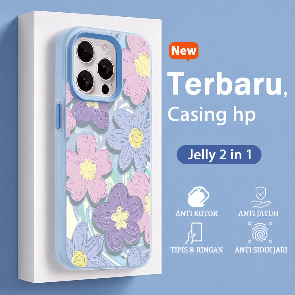 Jelly 2 In 1 Bunga Blue Cahaya Yang Berkilauan Casing Iphone 17 Pro Max 16 Pro Max 14 11 12 Pro 13 1