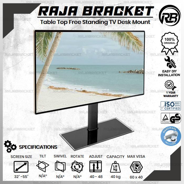 Dudukan TV Meja Berdiri untuk Layar 14-40 Inci, Alas Kaca Tempered, Warna Hitam