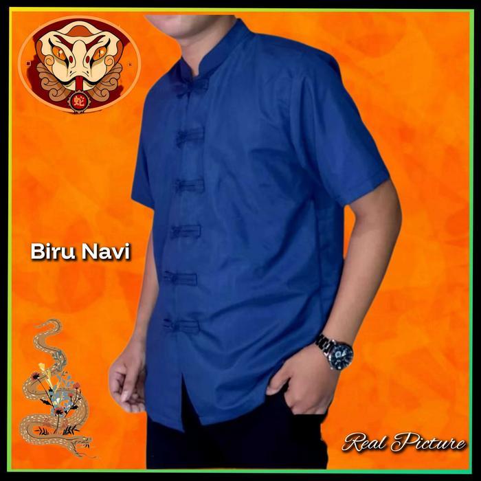 Baju Cheongsam Pria Modern Kemeja Lengan Pendek Imlek Biru Navi