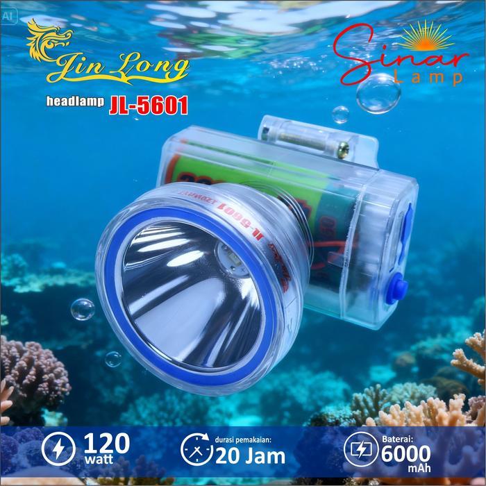 Senter Kepala Selam Waterproof Jinlong JL 5601 120 Watt Kapasitas Baterai 6000 Mah Charger Jack 8