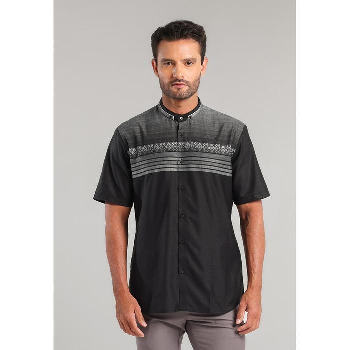 MOC Koko Lengan Kemeja Koko Pria Lengan Pendek Katun Poliester Hitam Desain Etnik Ukuran S Lengan Pe