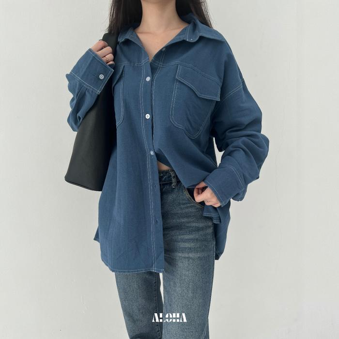 ALOHA 2103 - Keyla Linen List Overshirt Kemeja Linen Oversize Wanita Crinkle Denim Blue Model Kemeja