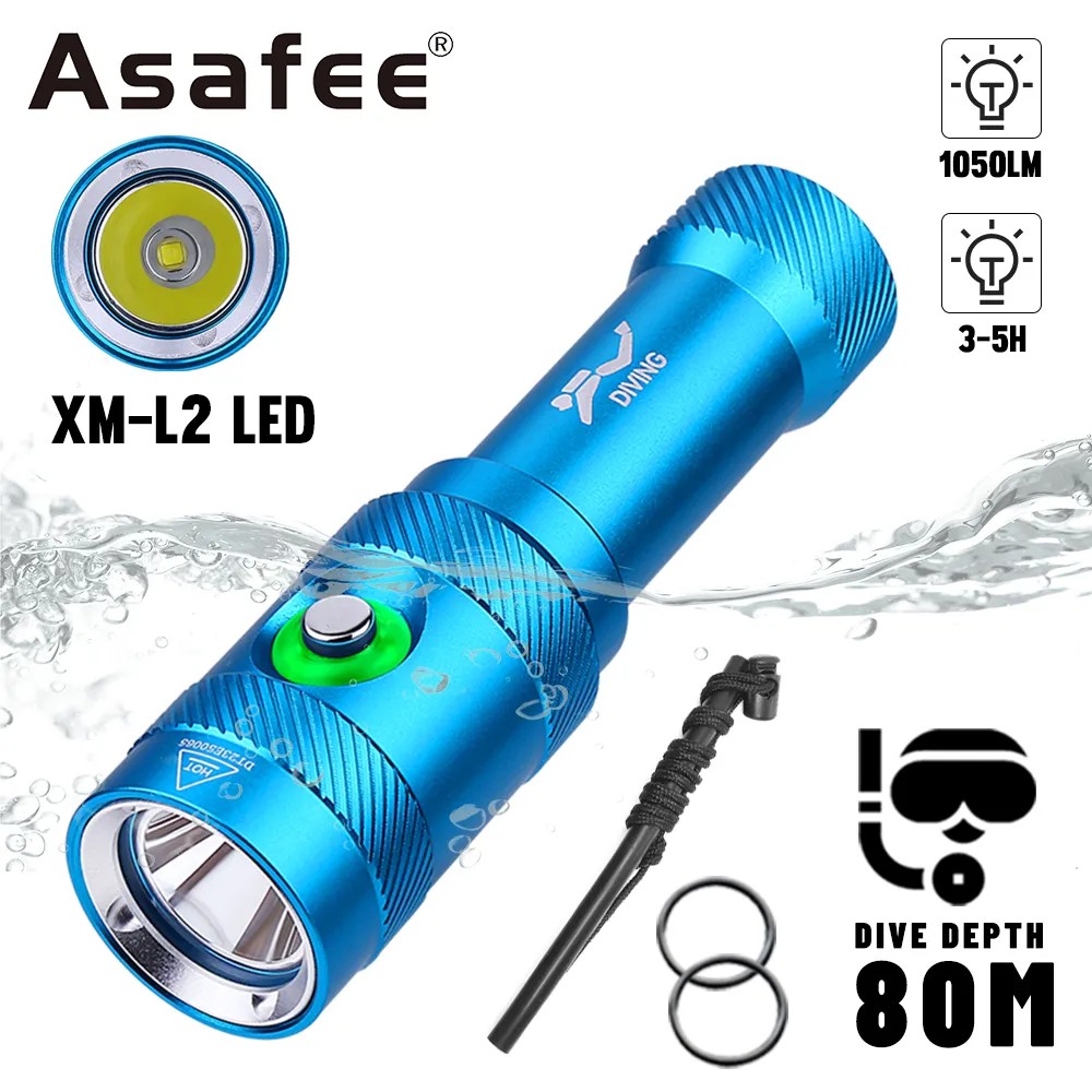 Asafee 80M Underwater 1050LM Diving Flashlight L2 LED Press Switch Lamp IPX8 Waterproof Scuba