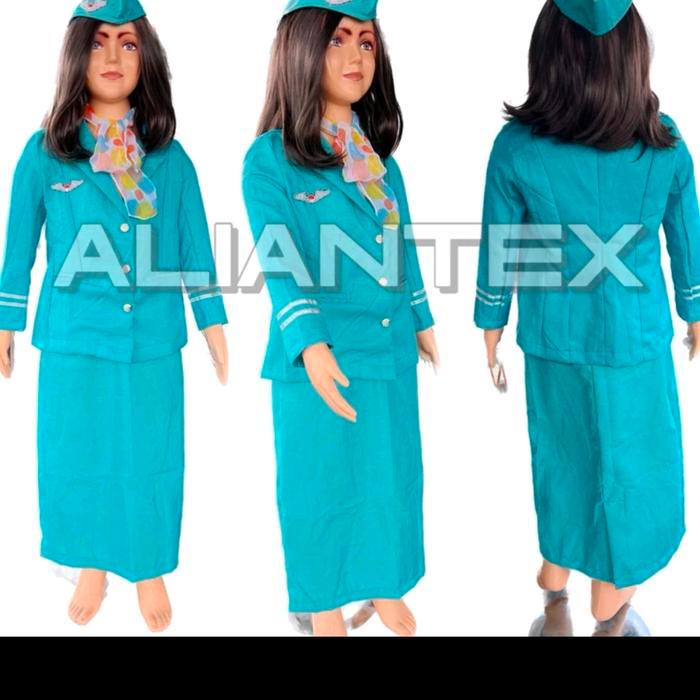 Setelan baju profesi pramugari hijab anak lengkap dengan rok, topi, dan syal warna tosca ukuran S