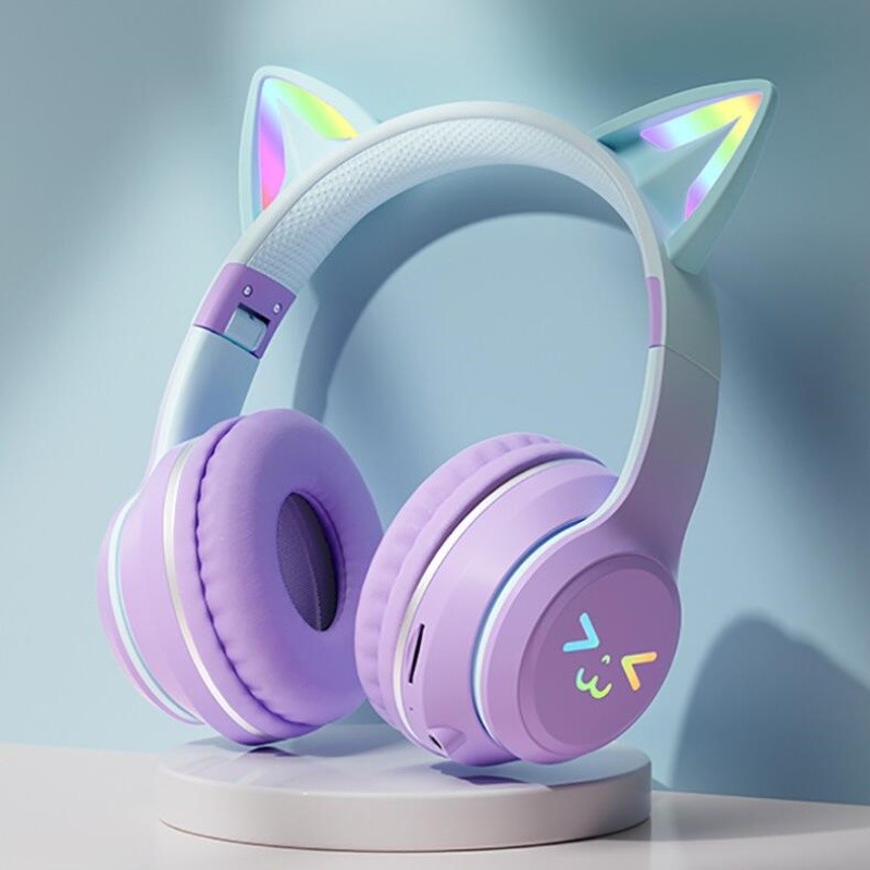 RGB Luminous Cat Ears Wireless Bluetooth Headphones With Microphone Headset Gamer Girl Call Noise