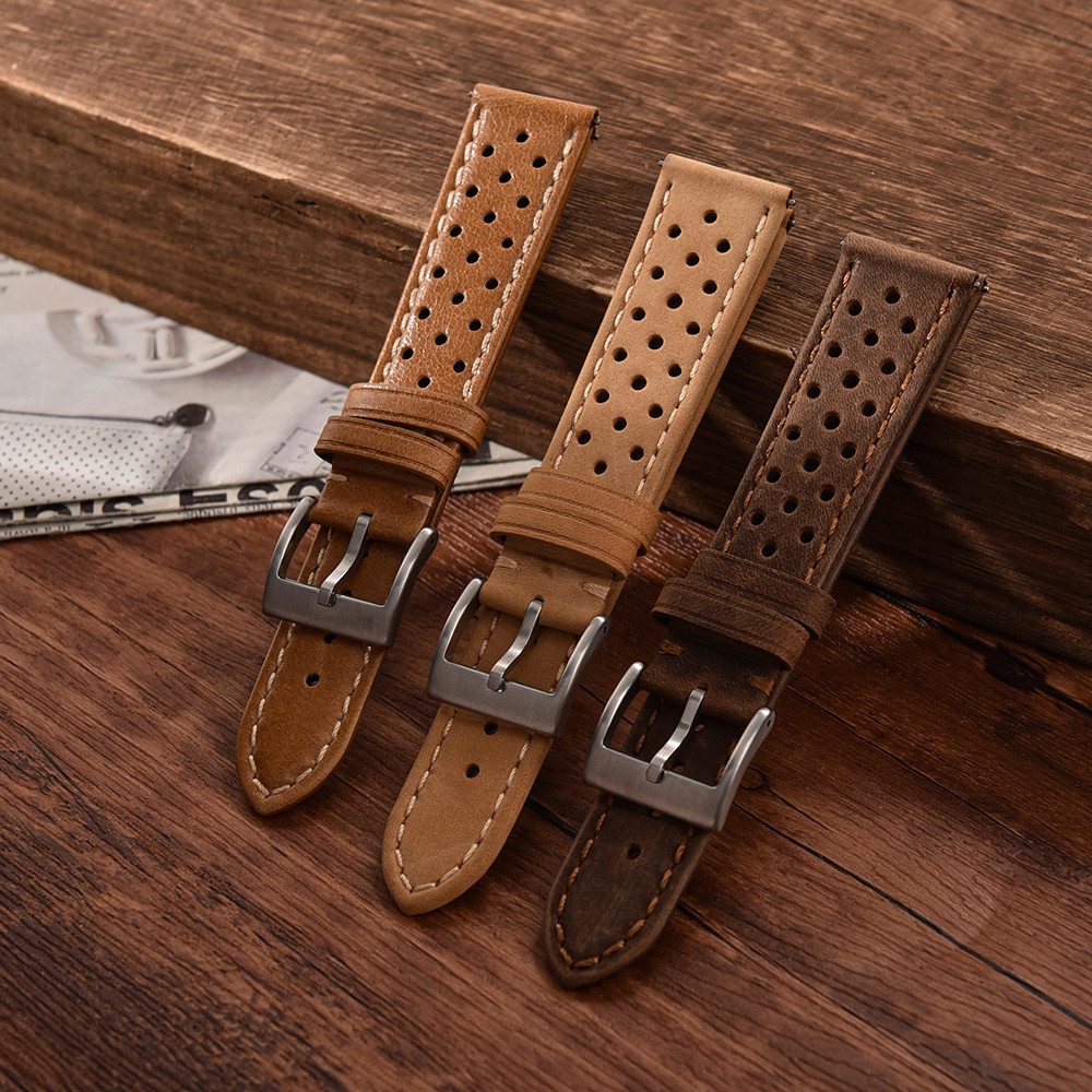 Racing Leather Strap 18mm 20mm 22mm Breathable Porous Leather Watch Strap Quick Release Leather