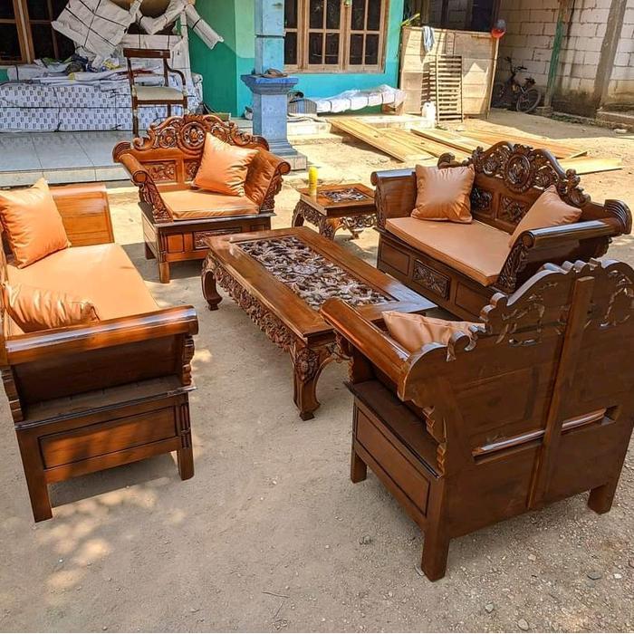 kursi sofa tamu jati ukir minimalis model madura matahari 3211+meja Kayu