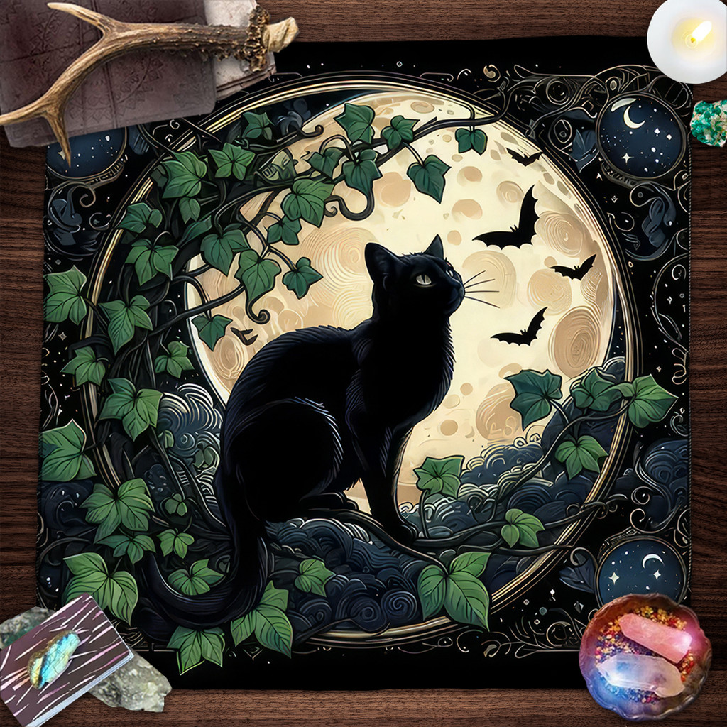 Witchcraft Black Cat Tarot Card Tablecloth Altar Cloth Moon Starry Sky Divination Tarot Mat Decor