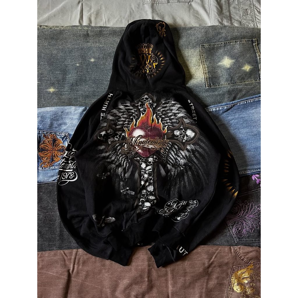 Y2K Harajuku Affliction Hoodie Retro Wing Pattern Printing Oversize Zipper Coat Men Women Hip Hop