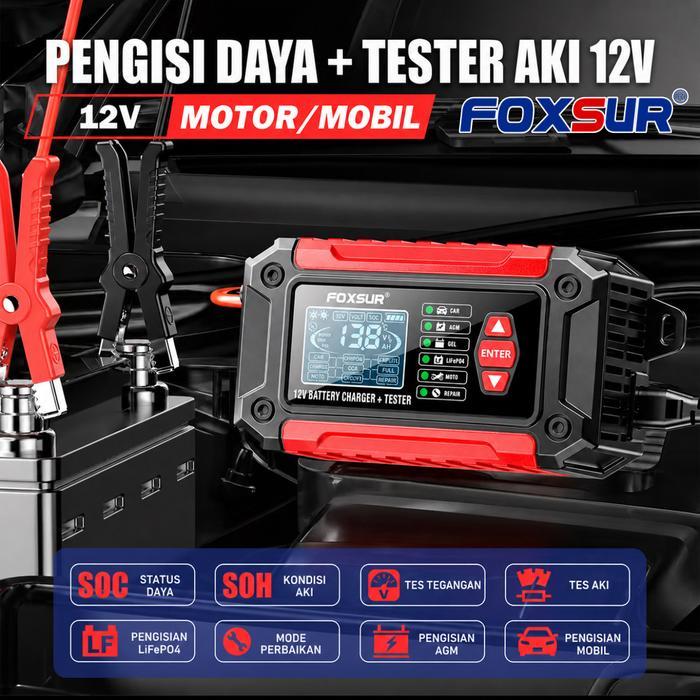 Foxsur 2In1 Smart Car Accu Charger 6A 4Ah-200Ah Untuk Charger Dan Tester Accu Mobil Dan Motor Lead