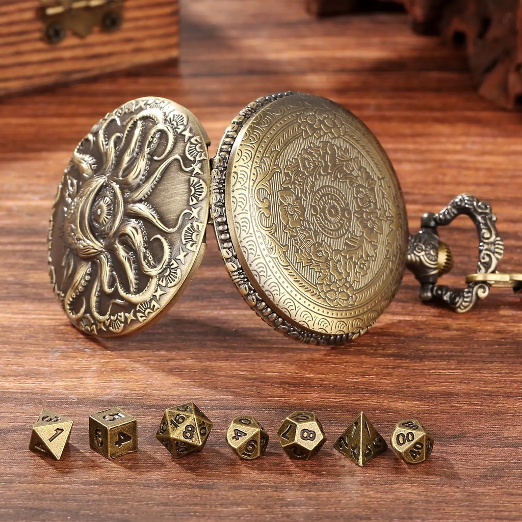 Octopus Metal Dice Case Vintage Cthulhu Pocket Watch DND Dice One eyed Octopus Pocket Watch box Dice