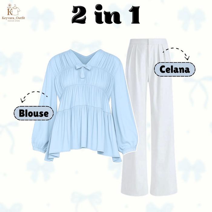 Premium One Set 3In1 Wanita Kekinian (Blouse Kerut Lipit Rayon, Celana Loose Knit, Pashmina Ceruty)