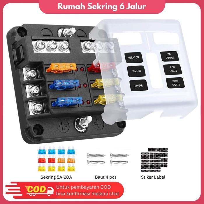 6-Way Blade Fuse Box Holder Sekring Box Dengan Indikator LED Fuse Block Waterproof Alat Pengaman