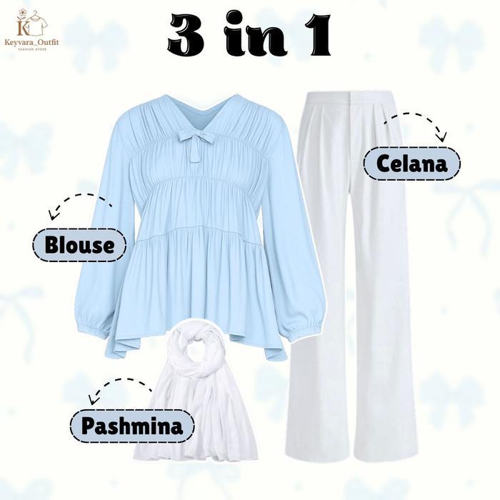 Premium One Set 3In1 Wanita Kekinian (Blouse Kerut Lipit Rayon, Celana Loose Knit, Pashmina Ceruty)