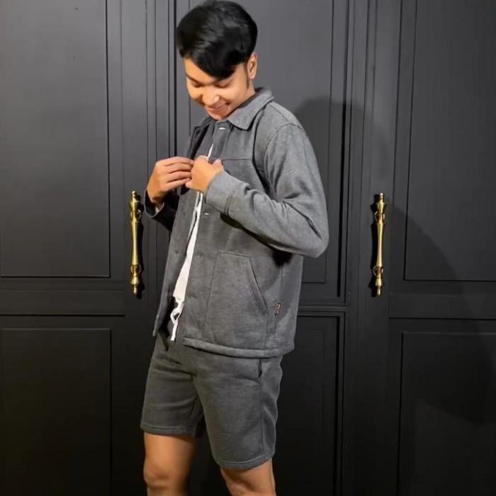 Jaket One Set Polos Pria / Jaket Shacket Casual / Jaket Pria Setelan Polos Hitam Panjang Celana