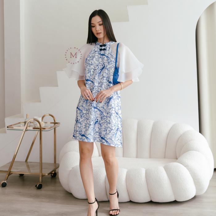 cheongsam mayleen qipao Dress Wanita Cheongsam Lengan Organza Bahan Satin Print Motif Imlek - Biru L