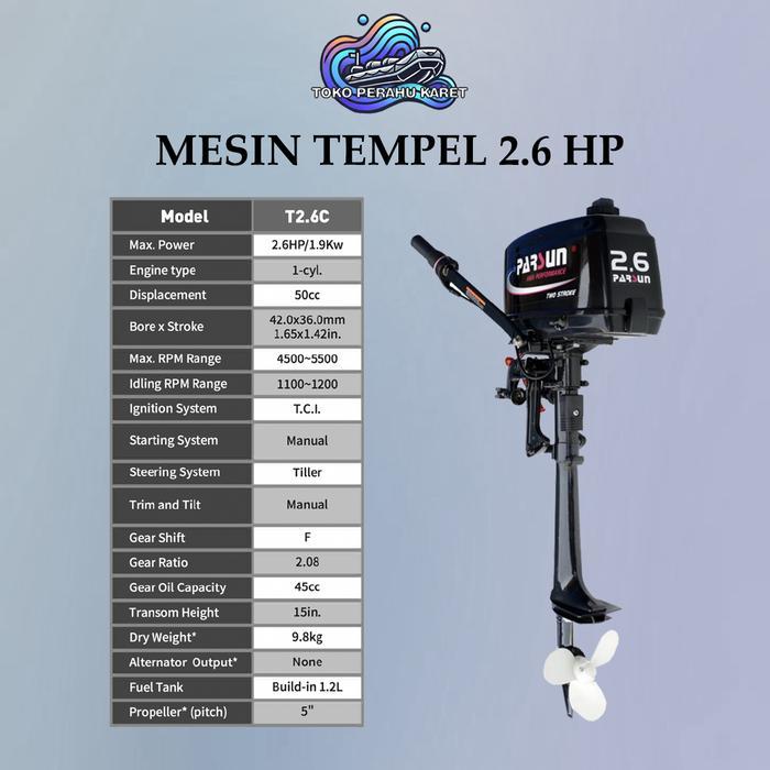 Parsun Mesin Tempel Outboard 2.6 PK 2 Stroke untuk Perahu 2.6 Hp