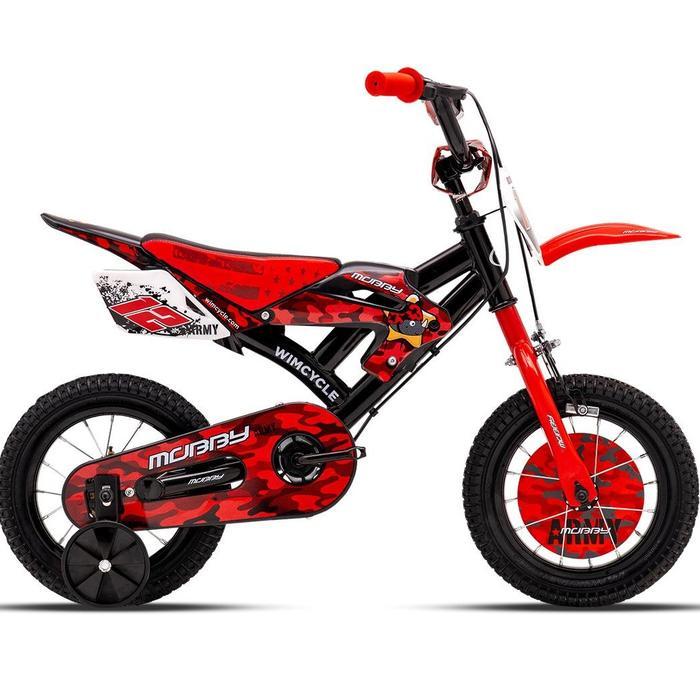 Sepeda Anak 12" Wimcycle BMX Mobby Army 12" – Usia 2-5 Tahun dengan Roda Bantu & Desain Motocross Ar