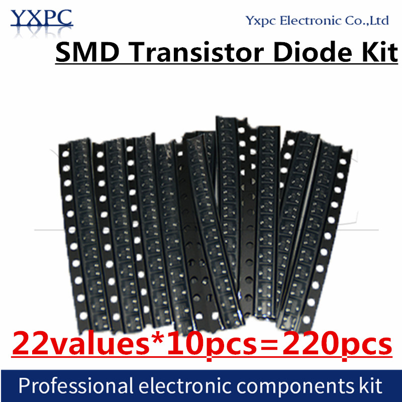 22values*10pcs=220pcs SMD Transistor Diode Assortment Kit D882 B772 XC6206P332MR 662K 78L05 BC847C