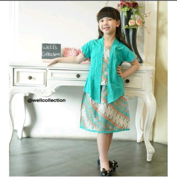 Set Kebaya Anak Model Kutu Baru Lengan Pendek dengan Rok Batik Jarik Warna Tosca Ukuran XXXL